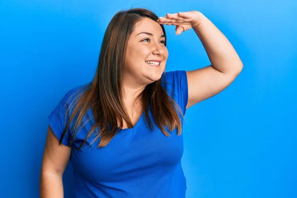 Beautiful Brunette Size Woman Wearing Casual Blue Shirt Very Happy — Stock Photo, Image