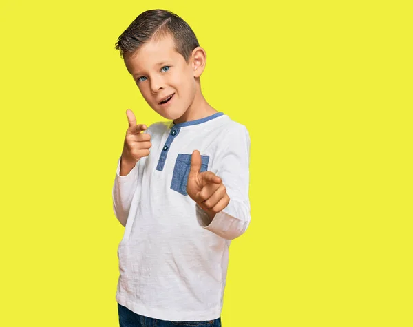 Adorable Caucasian Kid Wearing Casual Clothes Pointing Fingers Camera Happy — Stock Photo, Image