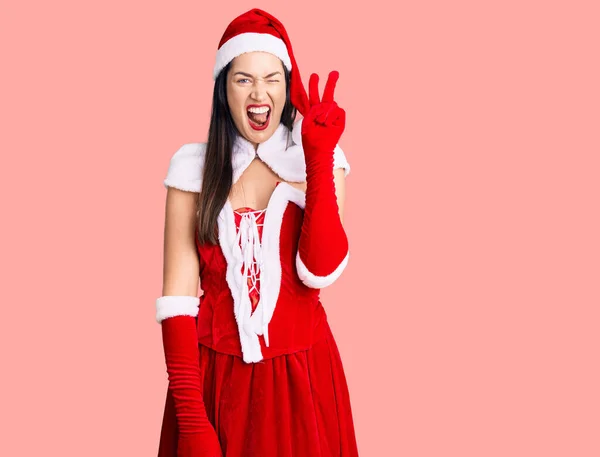 Jovem Bela Mulher Caucasiana Vestindo Traje Papai Noel Sorrindo Com — Fotografia de Stock