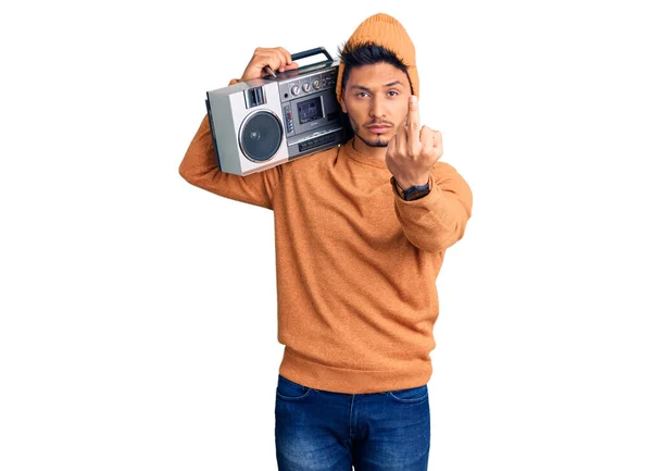 Handsome Latin American Young Man Holding Boombox Listening Music Showing — Φωτογραφία Αρχείου