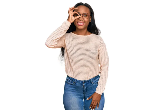 Young Black Woman Wearing Casual Clothes Glasses Smiling Happy Doing — Stock Photo, Image