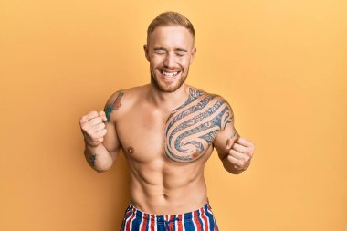 Mayolu, mutlu ve heyecanlı genç beyaz bir adam kolları havada, gülümseyen ve başarı için bağıran bir jest yapıyor. kutlama konsepti. 