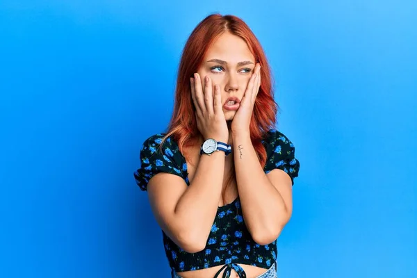 Young Beautiful Redhead Woman Wearing Casual Clothes Blue Background Tired — Stock Photo, Image