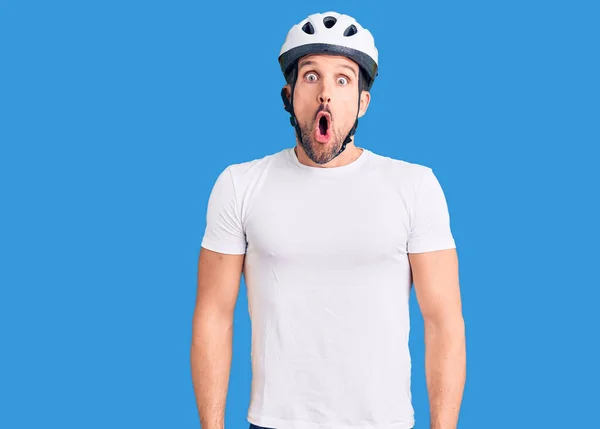 Young Handsome Man Wearing Bike Helmet Afraid Shocked Surprise Expression — Stock Photo, Image