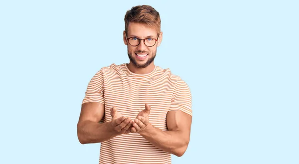 Young Caucasian Man Wearing Casual Clothes Glasses Smiling Hands Palms — Stock Photo, Image