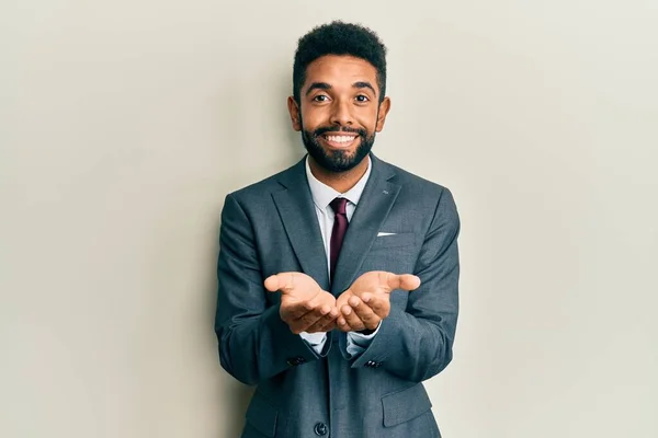 Handsome Hispanic Man Beard Wearing Business Suit Tie Smiling Hands — Stock Photo, Image