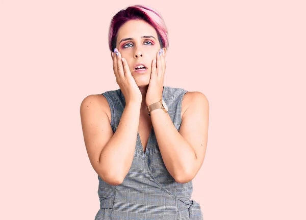 Young Beautiful Woman Pink Hair Wearing Casual Clothes Tired Hands — Stock Photo, Image