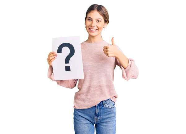 Beautiful Caucasian Woman Blonde Hair Holding Question Mark Smiling Happy — Foto Stock