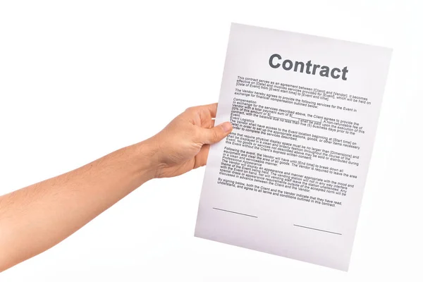 Holding Business Contract Paper Isolated White Background — Stock Photo, Image