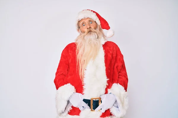 Old Senior Man Grey Hair Long Beard Wearing Santa Claus — Stock Photo, Image