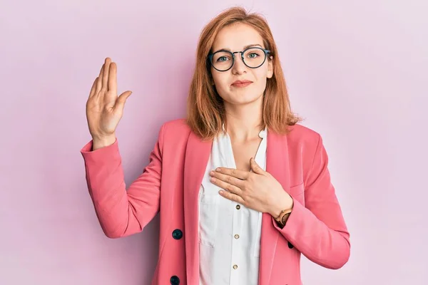 Young Caucasian Woman Wearing Business Style Glasses Swearing Hand Chest — Stock Photo, Image