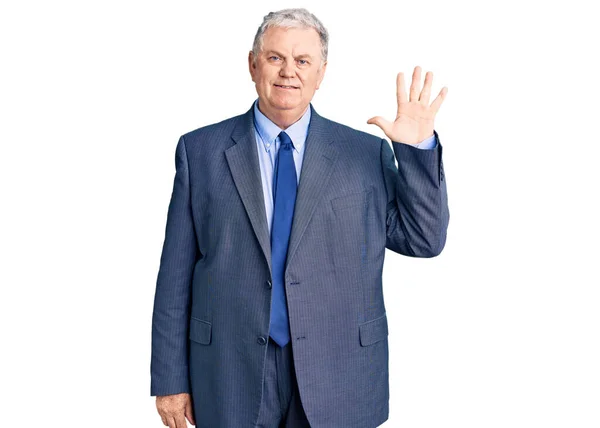 Senior Grey Haired Man Wearing Business Jacket Showing Pointing Fingers — Stock Photo, Image