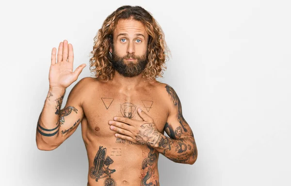 Handsome Man Beard Long Hair Standing Shirtless Showing Tattoos Swearing — Stock Photo, Image