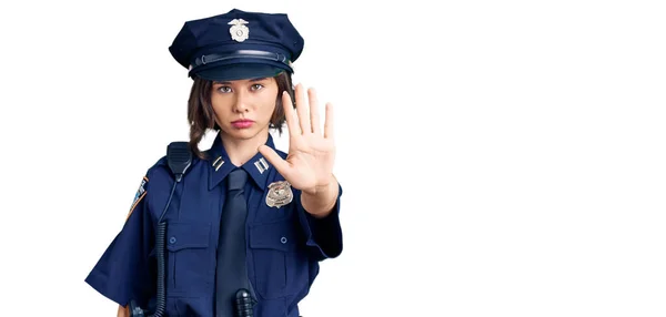 Young Beautiful Girl Wearing Police Uniform Doing Stop Sing Palm Royalty Free Stock Photos