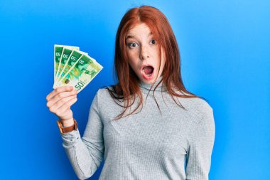 Genç kızıl saçlı kız 50 İsrail şekeri tutuyor. Banknotlar korkmuş ve ağzı açık kalmış, şaşırmış, inançsız bir yüz. 