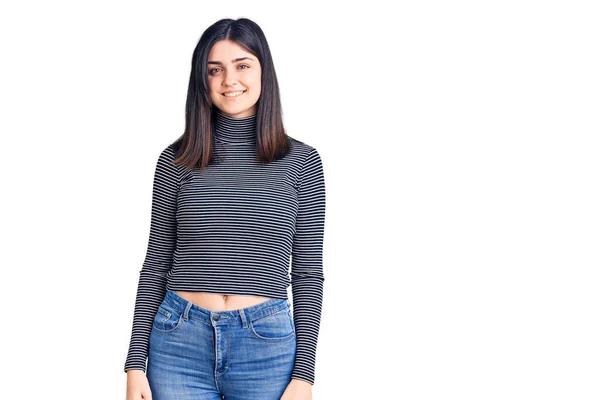 Joven Hermosa Chica Vistiendo Camiseta Rayas Con Aspecto Positivo Feliz — Foto de Stock