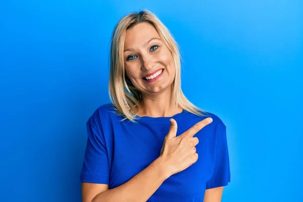 Middle Age Caucasian Woman Wearing Casual Blue Shirt Smiling Cheerful — Stock Photo, Image