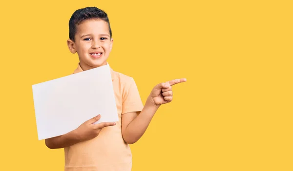 Little Cute Boy Kid Holding Cardboard Banner Blank Space Smiling — Stok fotoğraf