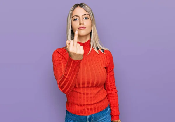 Beautiful Blonde Woman Wearing Casual Clothes Showing Middle Finger Impolite — Zdjęcie stockowe