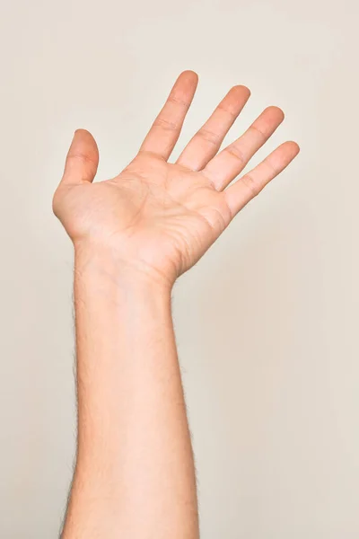 Hand Caucasian Young Man Showing Fingers Isolated White Background Presenting — Stock Photo, Image