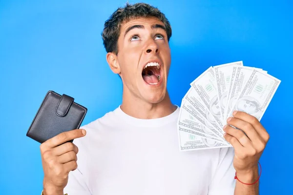 Young Handsome Man Holding Wallet Dollars Banknotes Angry Mad Screaming — Stock Photo, Image