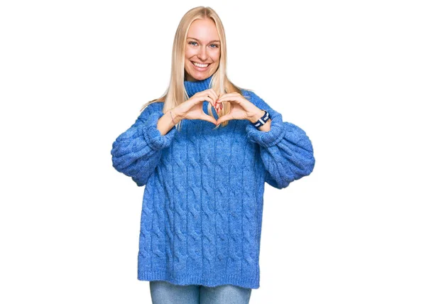 Young Blonde Girl Wearing Wool Winter Sweater Smiling Love Showing — Stock Photo, Image