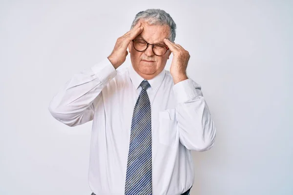 Homme Âgé Aux Cheveux Gris Portant Des Vêtements Travail Souffrant — Photo