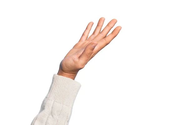 孤立した白い背景の上に指を示す白人青年の手は サポートと助けを求めて手を差し伸べ ジェスチャーを支援する — ストック写真