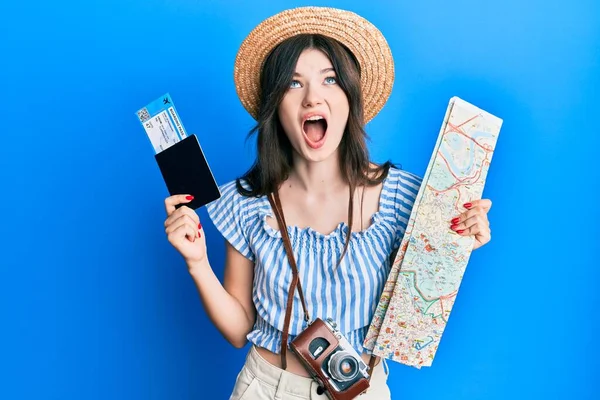 Young Beautiful Caucasian Girl Holding Passport City Map Angry Mad — Stockfoto