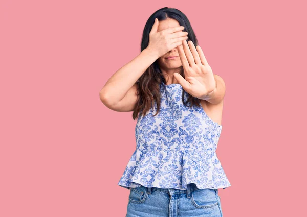 Young Beautiful Brunette Woman Wearing Casual Shirt Covering Eyes Hands — Stock Photo, Image