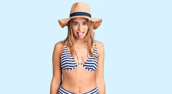 Young Beautiful Blonde Woman Wearing Bikini Hat Sticking Tongue Out — Stock Photo, Image