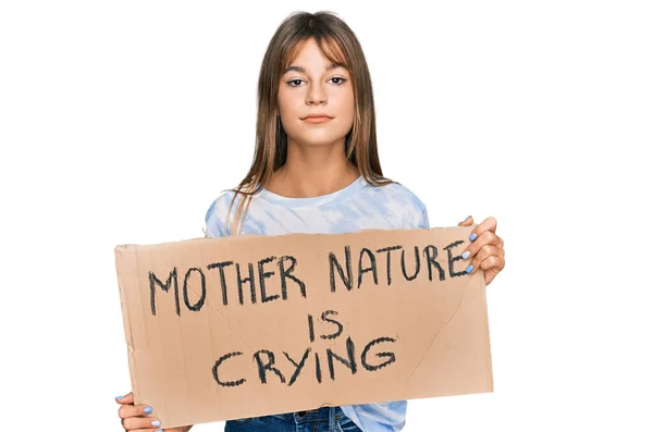 Adolescente Caucasiano Menina Segurando Mãe Natureza Está Chorando Protesto Banner — Fotografia de Stock