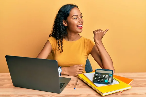 Young African American Girl Working Office Laptop Calculator Smiling Happy — Stock Photo, Image