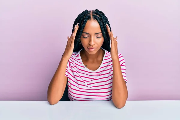 Beautiful Hispanic Woman Wearing Casual Clothes Sitting Table Suffering Headache — Stock Photo, Image