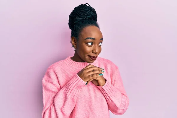 Young African American Woman Wearing Casual Winter Sweater Laughing Nervous — Stock Photo, Image