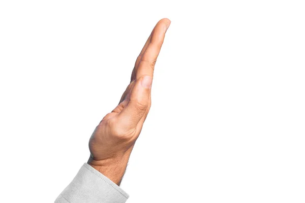 手を伸ばし プッシュし 停止ジェスチャーを行うの側面を示す隔離された白い背景に指を示す白人の若い男の手 — ストック写真