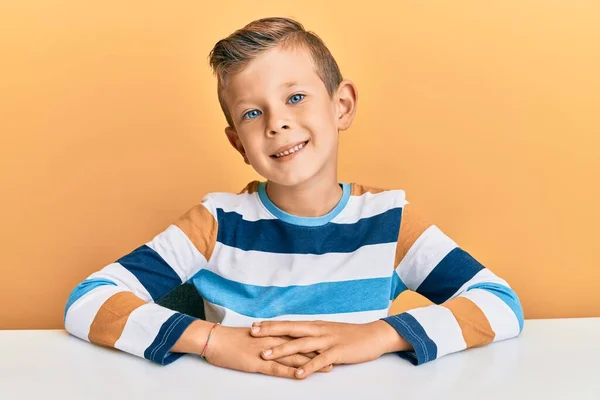 Adorable Caucasian Kid Wearing Casual Clothes Sitting Table Happy Cool — Stock Photo, Image