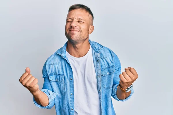 Handsome Muscle Man Wearing Casual Denim Jacket Very Happy Excited — Stock Photo, Image