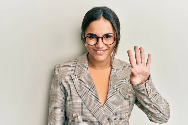 Young Brunette Woman Wearing Business Jacket Glasses Showing Pointing Fingers — Stok fotoğraf