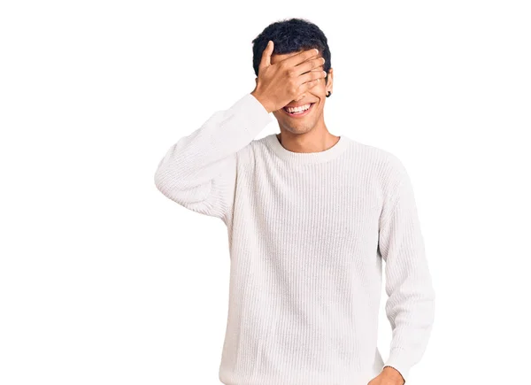 Young African Amercian Man Wearing Casual Clothes Smiling Laughing Hand — Stock Photo, Image