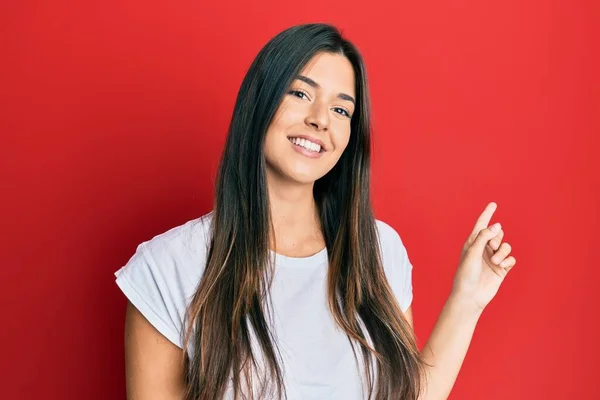 Young Brunette Woman Wearing Casual White Tshirt Red Background Big — 스톡 사진