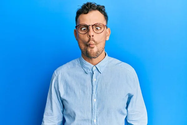 Young Hispanic Man Wearing Casual Clothes Glasses Making Fish Face — Stock Photo, Image