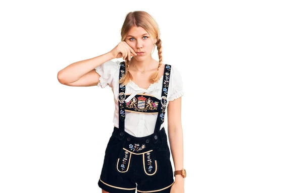 Young Beautiful Blonde Woman Wearing Oktoberfest Dress Mouth Lips Shut — Fotografia de Stock