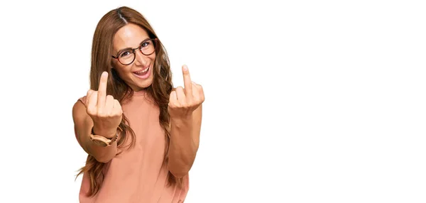 Young Hispanic Woman Wearing Casual Clothes Glasses Showing Middle Finger — Stock fotografie