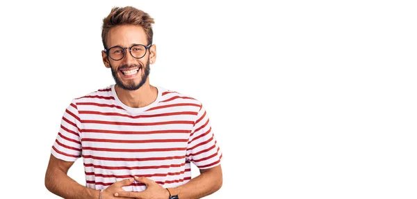 Hombre Guapo Rubio Con Barba Vistiendo Ropa Casual Gafas Sonriendo — Foto de Stock