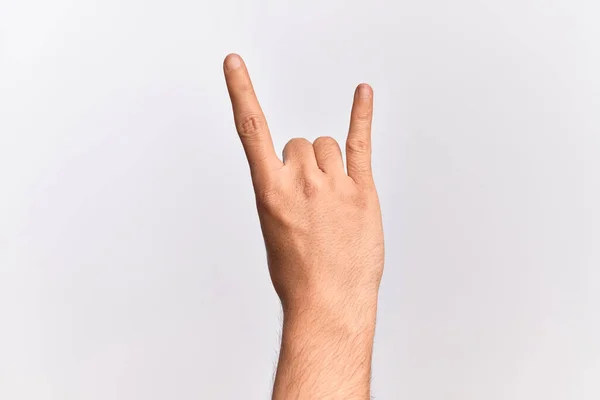 Mano Joven Caucásico Mostrando Los Dedos Sobre Fondo Blanco Aislado — Foto de Stock