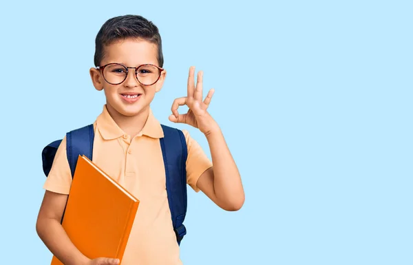 Pequeno Garoto Bonito Usando Saco Escola Segurando Livro Fazendo Sinal — Fotografia de Stock