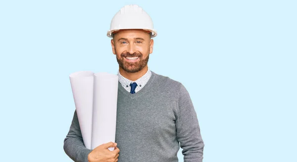 Handsome Middle Age Man Holding Paper Blueprints Looking Positive Happy — 图库照片