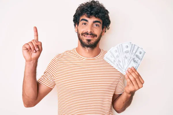 Handsome Young Man Curly Hair Bear Holding Money Bag Dollar — Stock Photo, Image