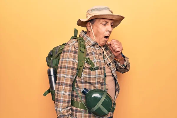 Senior Man Grey Hair Wearing Hiker Backpack Water Canteen Feeling — Stock Photo, Image